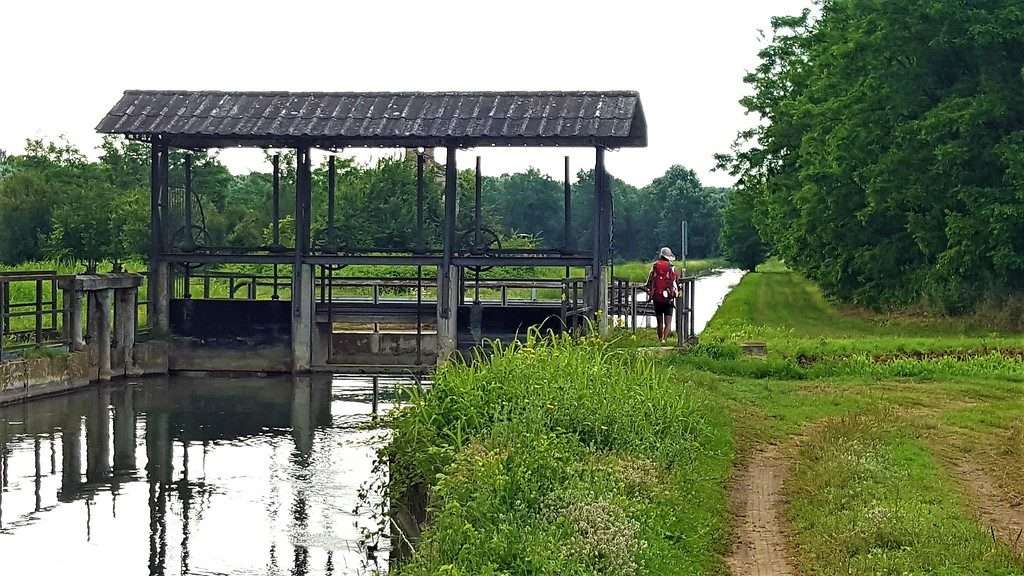 Un pellegrino che cammina sulla Via Francigena lungo un canale di irrigazione